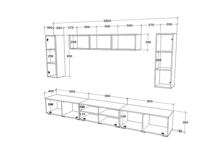 Living Kos V2, Negru/Alb Lucios, MDF, L 285 cm